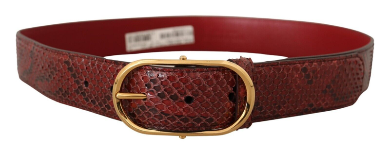 Red exotic leather gold oval buckle belt-null