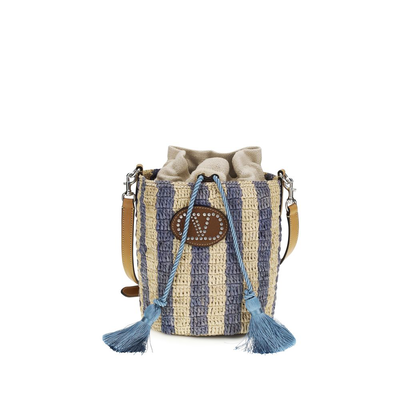 Blue raffia backet bag, Blue, medium