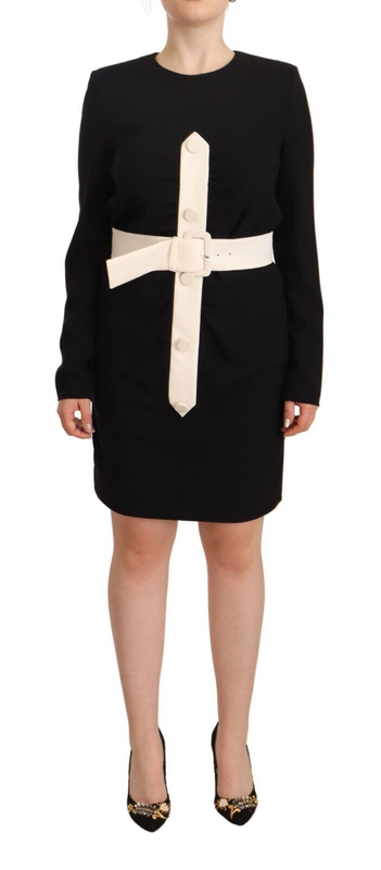 Black wool long sleeves belted mini sheath dress-null