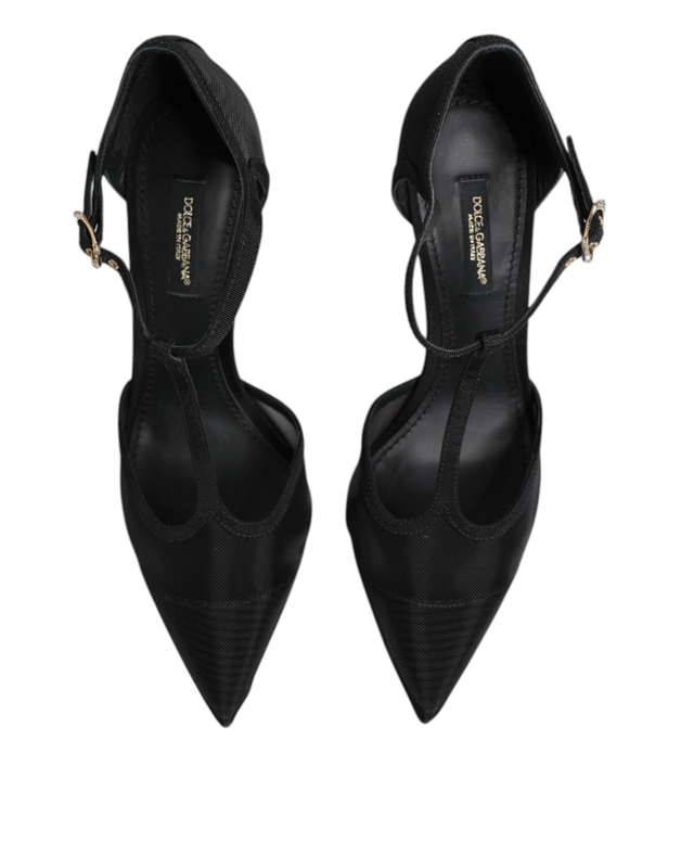 Black mesh t-strap stiletto high heels shoes-null