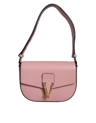 Pink grainy calf leather logo crossbody shoulder bag, Pink, medium