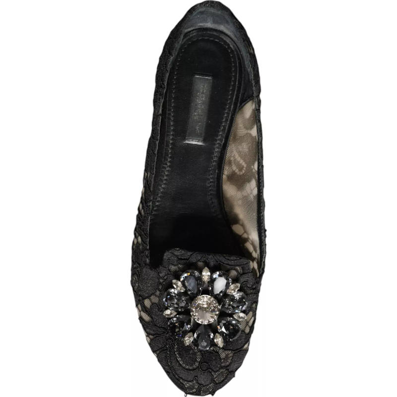 Black lace crystal ballet flats loafer shoes-null