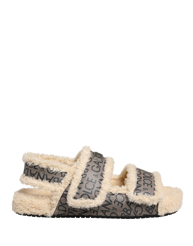 Beige faux fur logo print flats sandals shoes-null