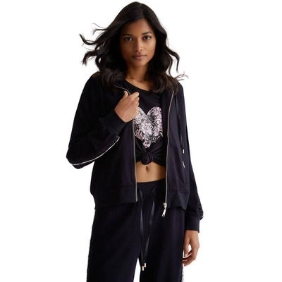 Satin side details zip hoodie, Black, medium