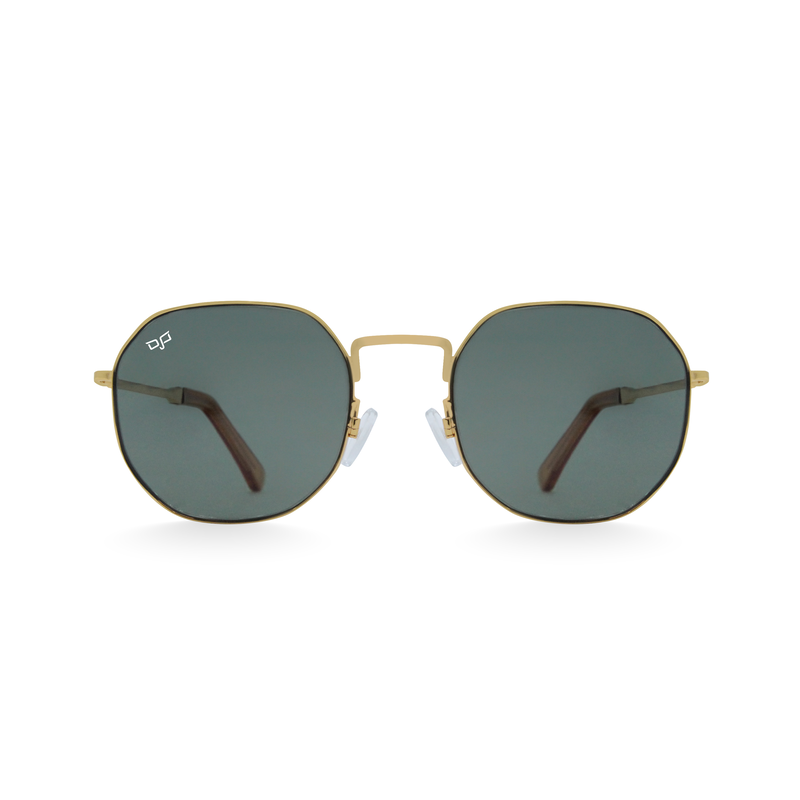 OJO sunglasses round gold frame and temples with green polarised lenses rx-null