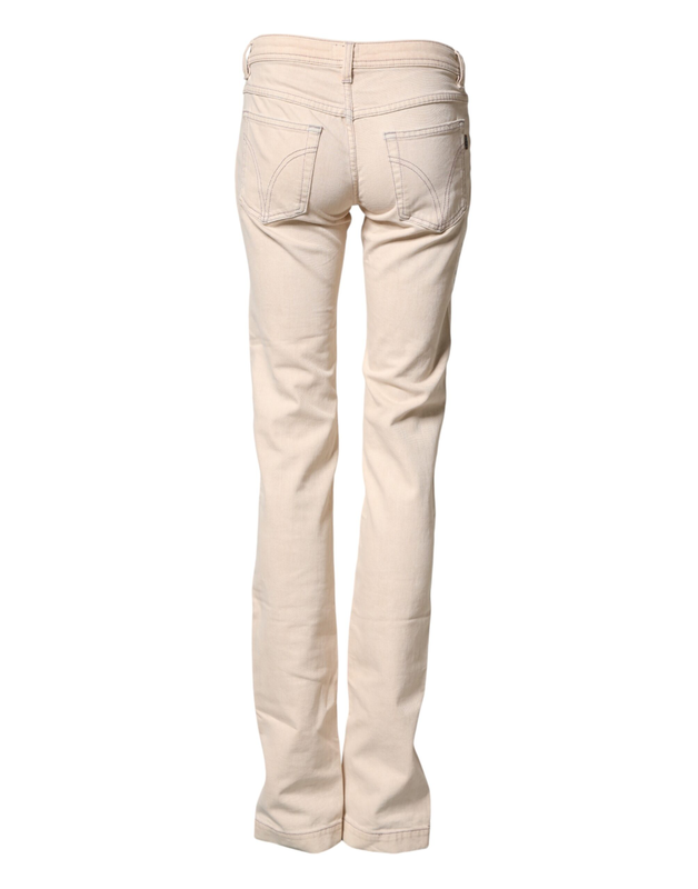 Beige low waist cotton slim fit denim trousers jeans-null