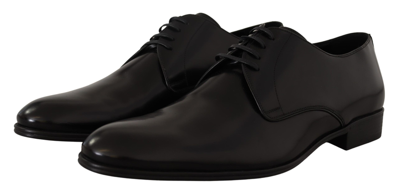 Black leather lace up formal derby shoes-null
