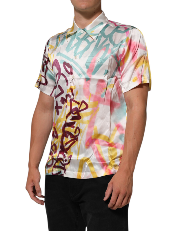 White silk hawaiian graffiti print men casual shirt-null