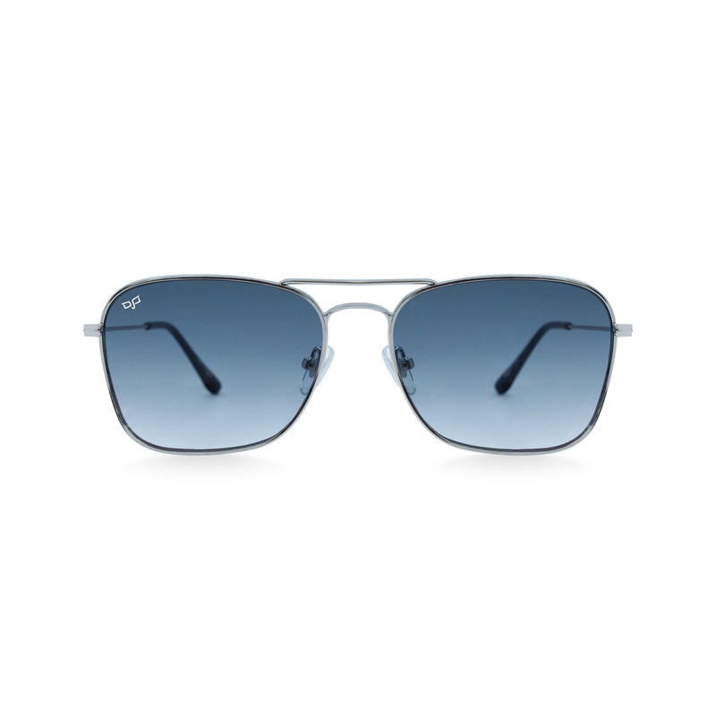 OJO everyday silver frame and temples 55-14 with reverse angle blue lenses rx-null