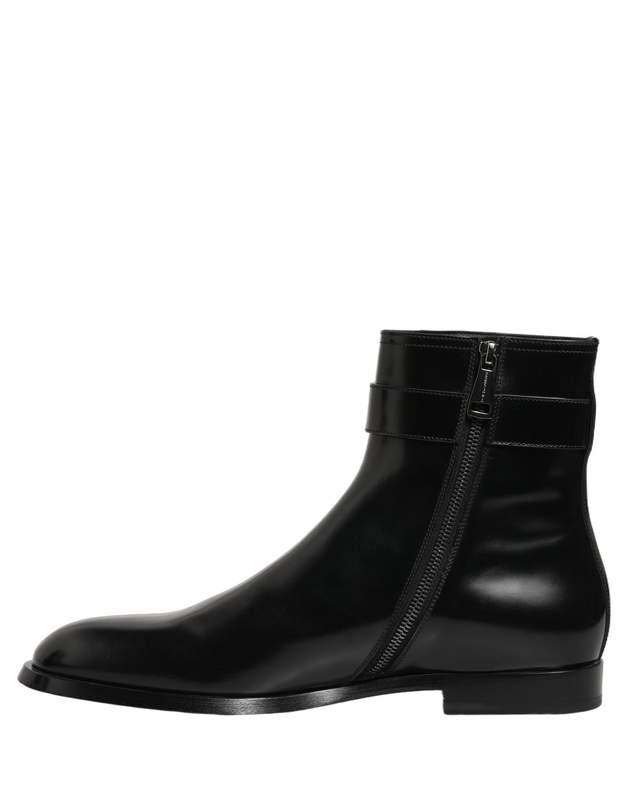 Black leather logo buckle mid calf boots shoes-null