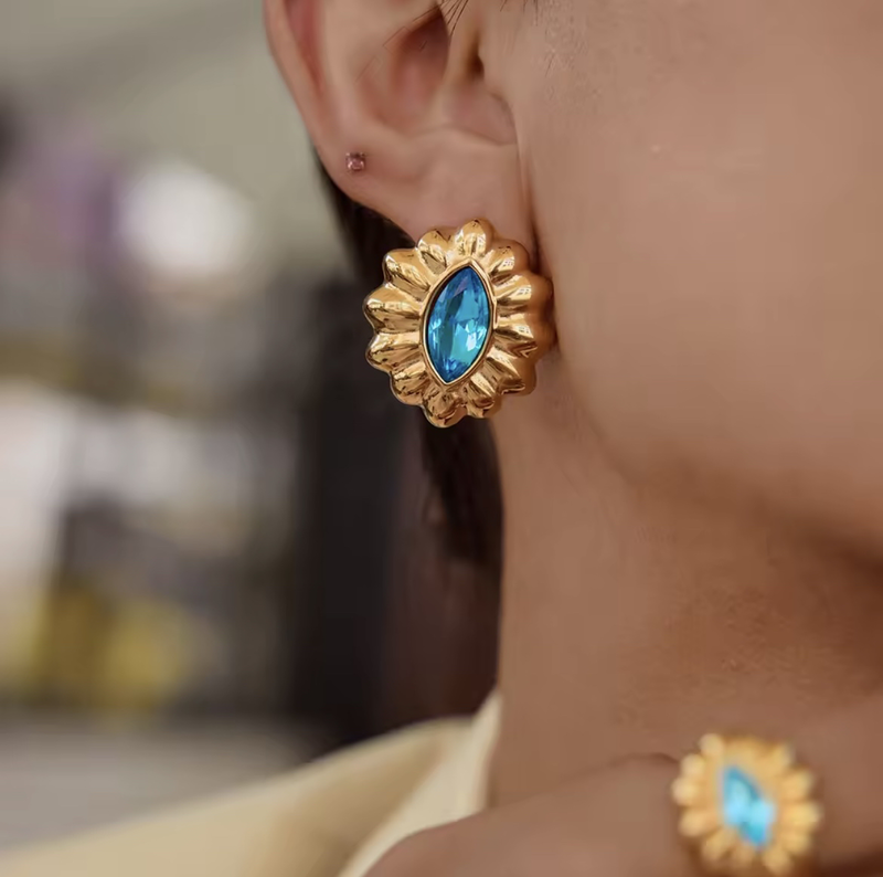 18k gold color stainless steel earrings - blue zircon-null