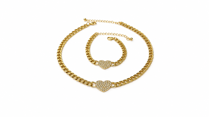 Yellow gold heart choker necklace & bracelet set-null