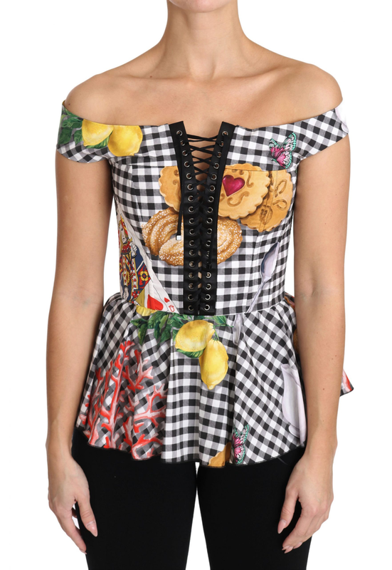 Black and white corset blouse sicily lemon check top-null