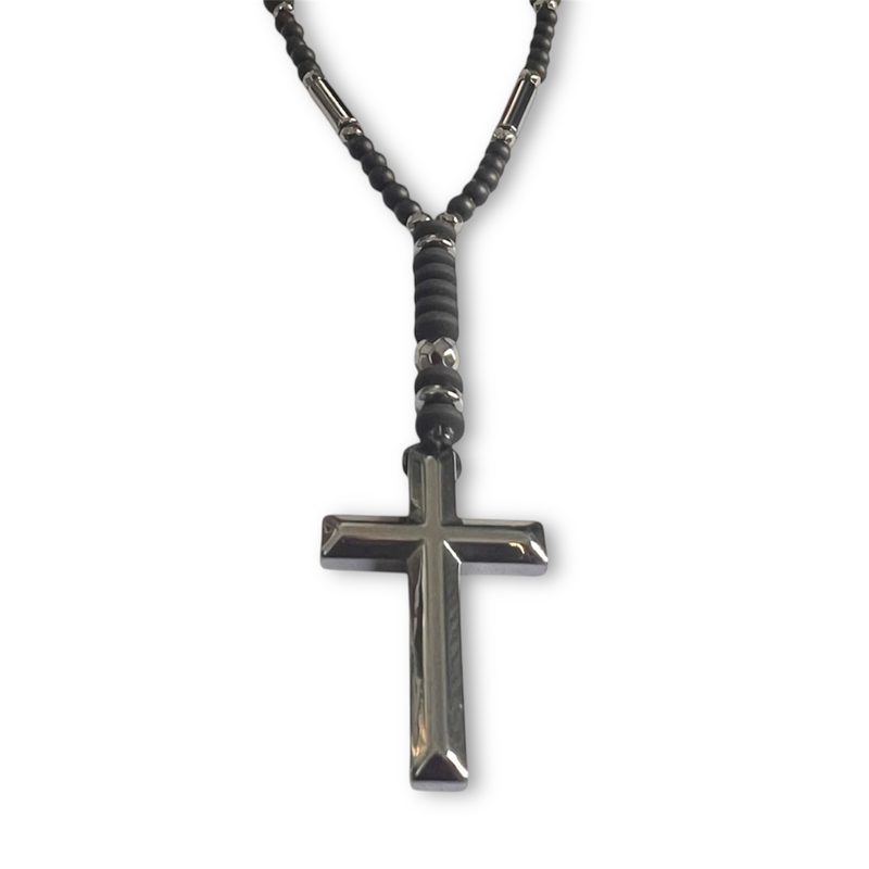 Black stone & gun metal steel cross necklace-null