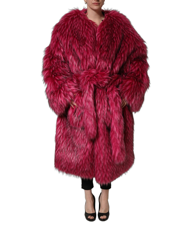 Fuchsia belted faux-fur trench coat jacket-null