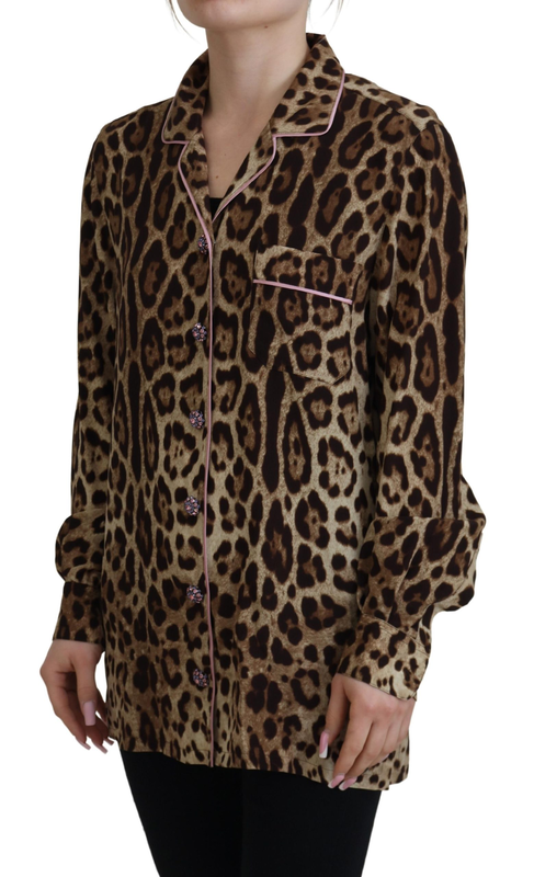 Brown leopard print long sleeves blouse top-null