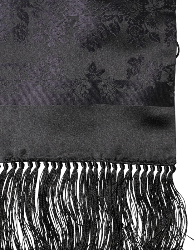 Black satin silk fringes neck foulard scarf-null