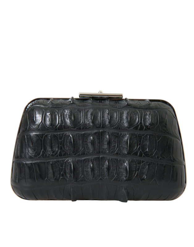 Black exotic skin leather shoulder crossbody box clutch bag-null