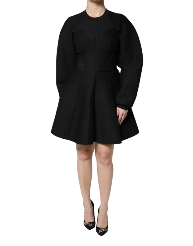 Black cotton long sleeves a-line mini dress-null