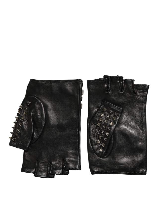 Black embellished wrist length mitten women gloves-null