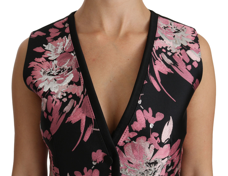 Black pink floral waistcoat vest blouse top-null