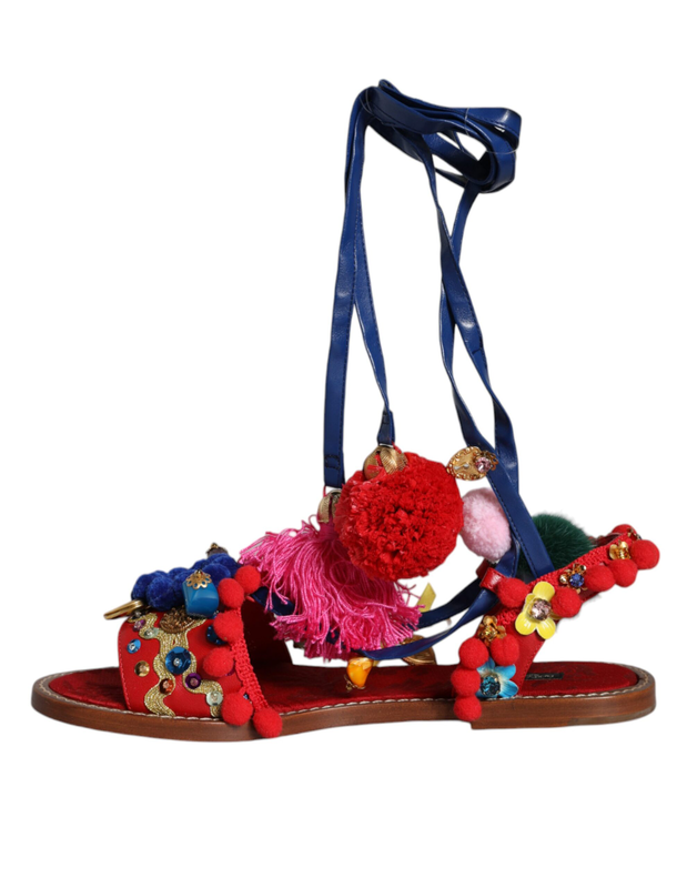 Multicolor pom pom fur wrap sandals shoes-null