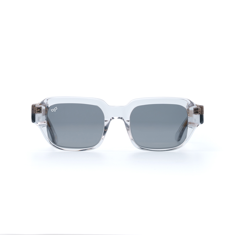 OJO sunglasses square clear frame and temple with grey black polarised lenses rx-null