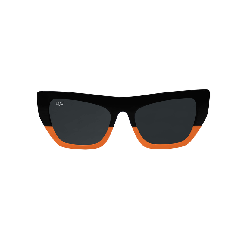 OJO platinum sunglasses square black orange handmade with black shell wh temples with grey lenses rx image number null