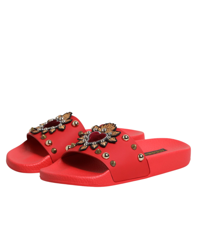 Red sacred heart stud slides beachwear shoes-null