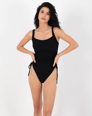 Onepiece square neck with rushed sides zebra print black, Black, medium