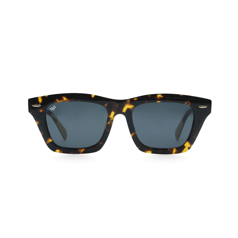 OJO sunglasses square handmade shell brown and yellow frame and temples with grey polarised lenses image number null
