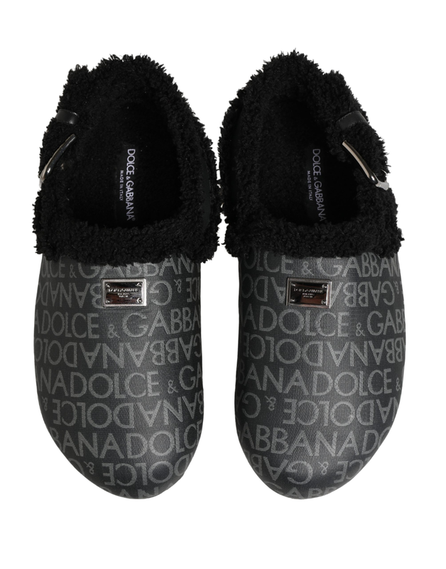 Gray faux fur jacquard mules sandals shoes-null