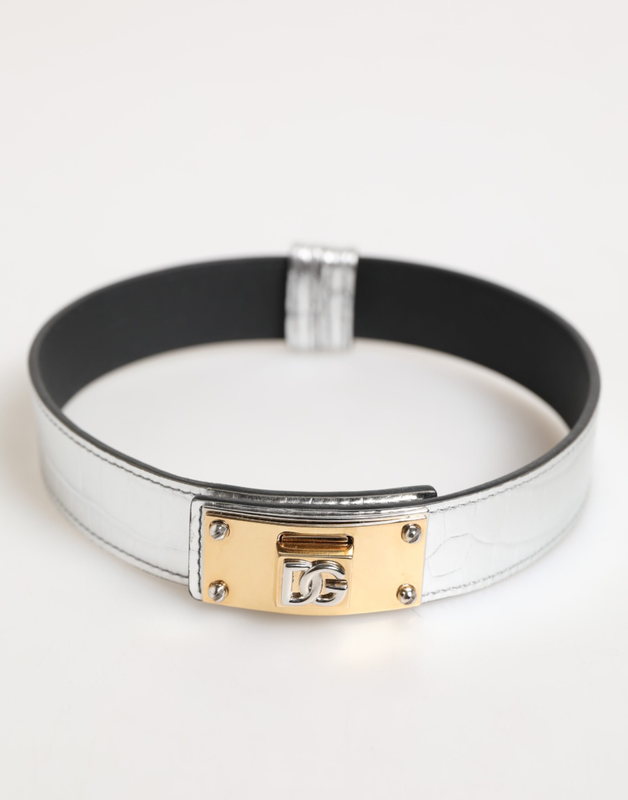 Silver textured leather gold tone metal neckband-null