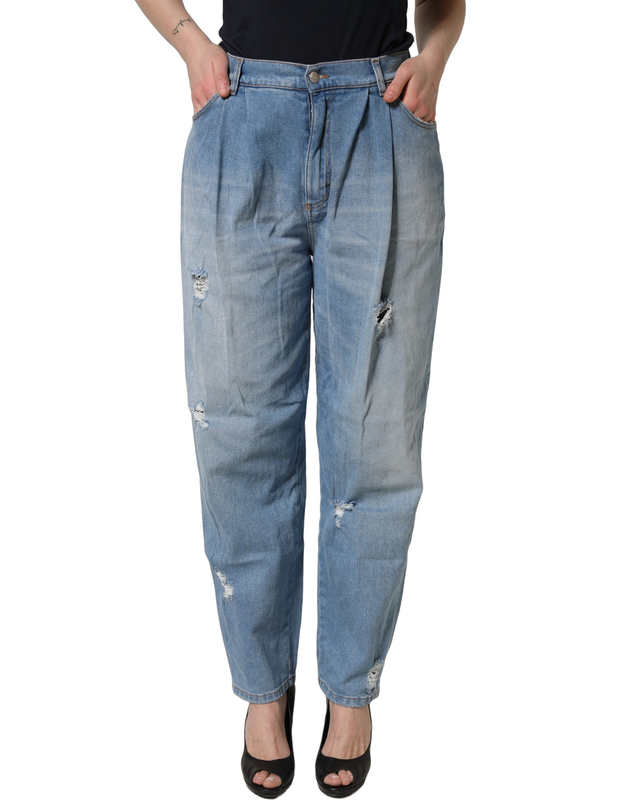 Blue distressed pleated cotton denim jeans-null