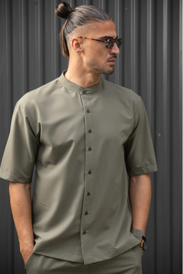 Henry s/s easywear stand up collar shirt, Kkhaki, medium