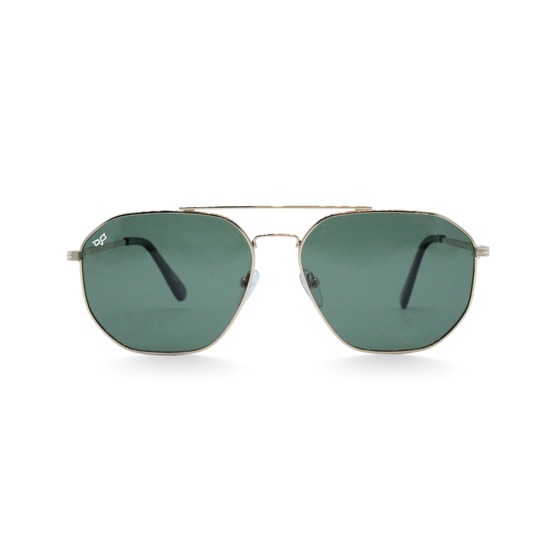 OJO sunglasses square gold frame and temples with green polarised lenses rx-null