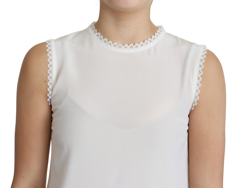 White blouse silk lace trimmed sleeveless top-null
