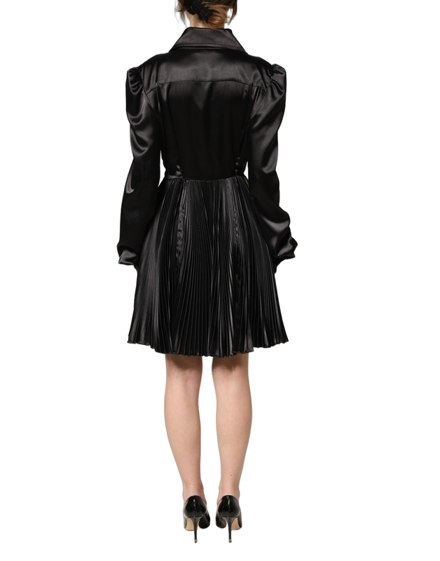 Black satin long puff sleeves pleated dress-null