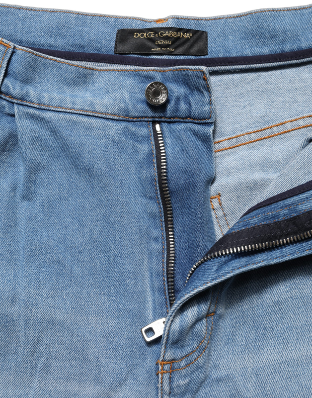 Blue distressed pleated cotton denim jeans-null
