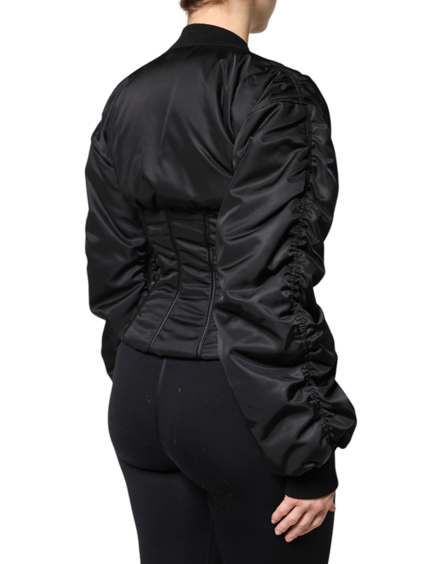 Black nylon full zip bustier corset jacket-null