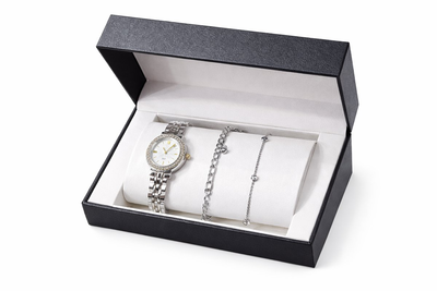 Silver women&rsquo;s watch with double bracelet set &ndash; minimalist collection, , medium