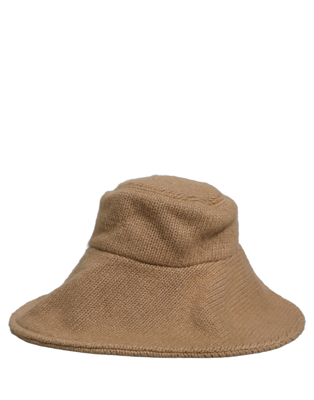 Women brown cotton knit widebrim bucket capello hat-null