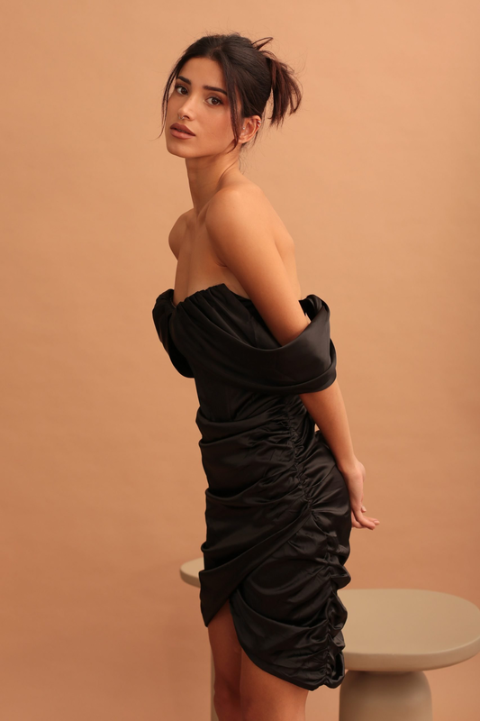 Mini draped satin dress - black-null