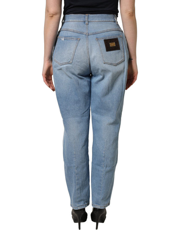 Blue distressed pleated cotton denim jeans-null