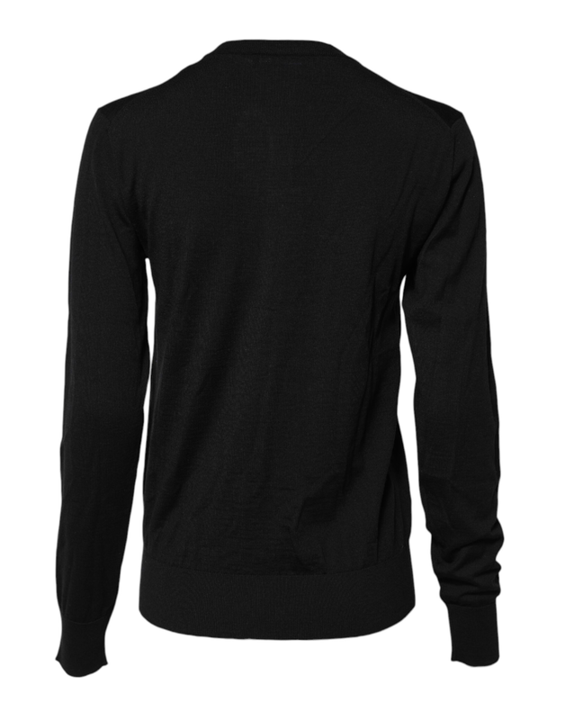 Black wool knit round neck cardigan sweater-null