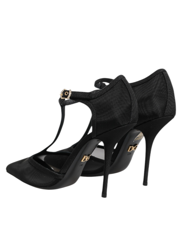 Black mesh t-strap stiletto high heels shoes-null