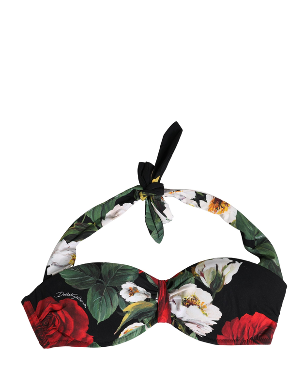 Black floral padded halter bikini top swimwear-null