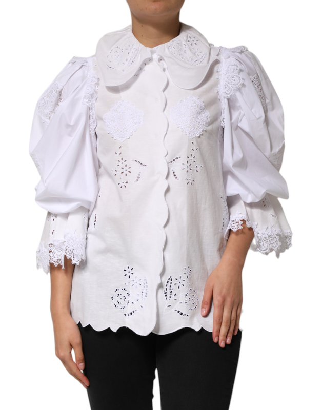 White ruffled lace embellished blouse top-null