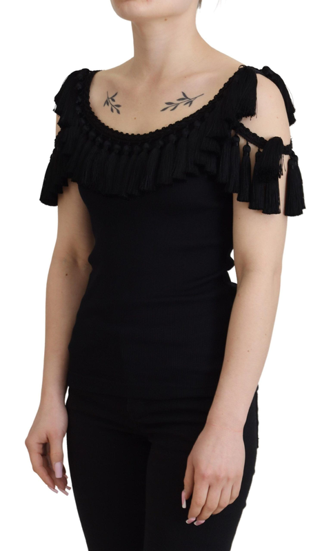 Black tank top blouse tassle cotton blouse-null