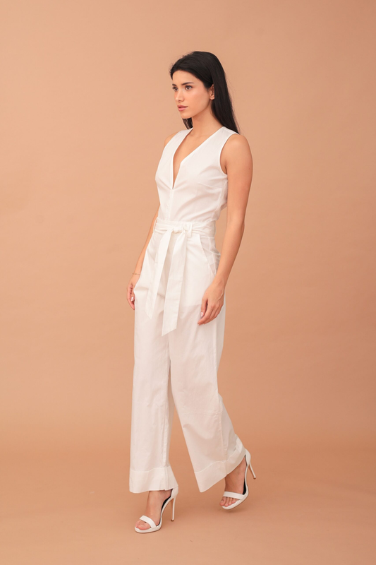 Lucia slit-back cotton jumpsuit - white-null